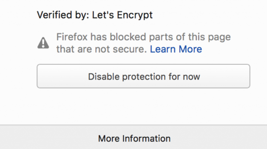 Mensagem de aviso de conteúdo misto do Firefox para usuários